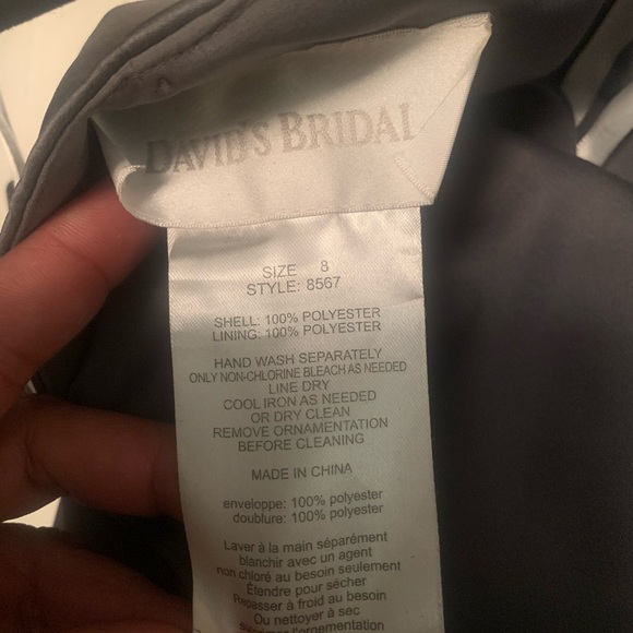 David’s Bridal Pewter Satin Gown With Side Drape Brooch Size 8 - Picture 6 of 6